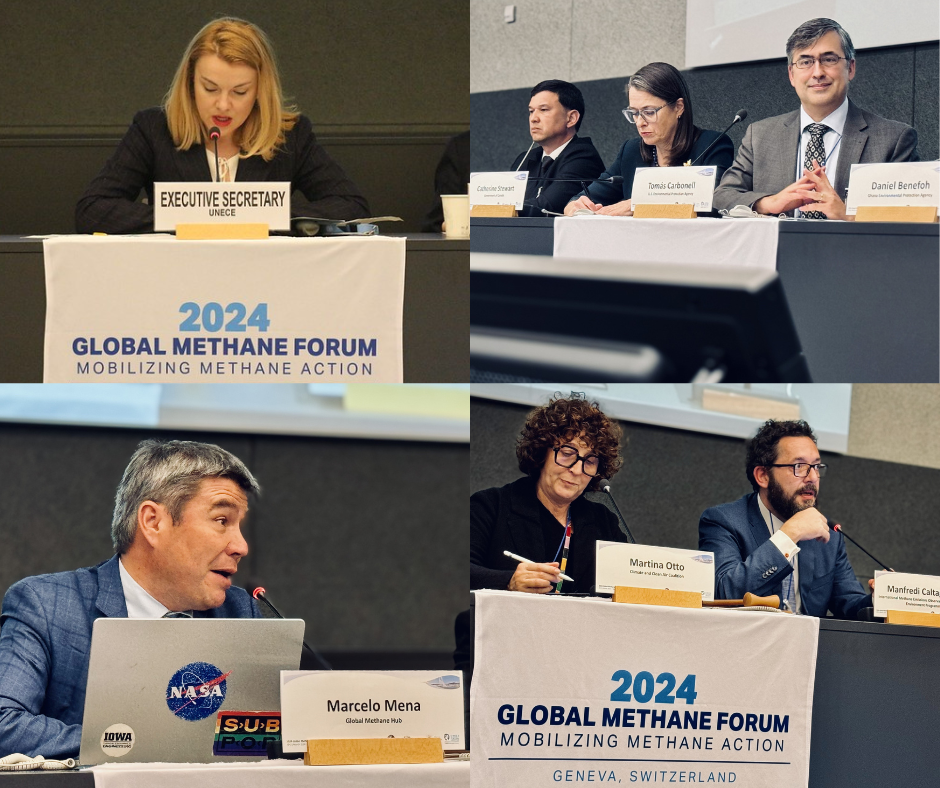 Event partners speaking during the plenary session at the 2024 Global Methane Forum in Geneva, Switzerland. Tatiana Molcean, UNECE Executive Secretary (top left); Tomás Carbonell, GMI Chair (top right); Marcelo Mena, Global Methane Hub CEO (bottom left); Martina Otto, CCAC Head of Secretariat (bottom right). <br><span class='small text-muted'>(2024, Geneva, Switzerland)</span>